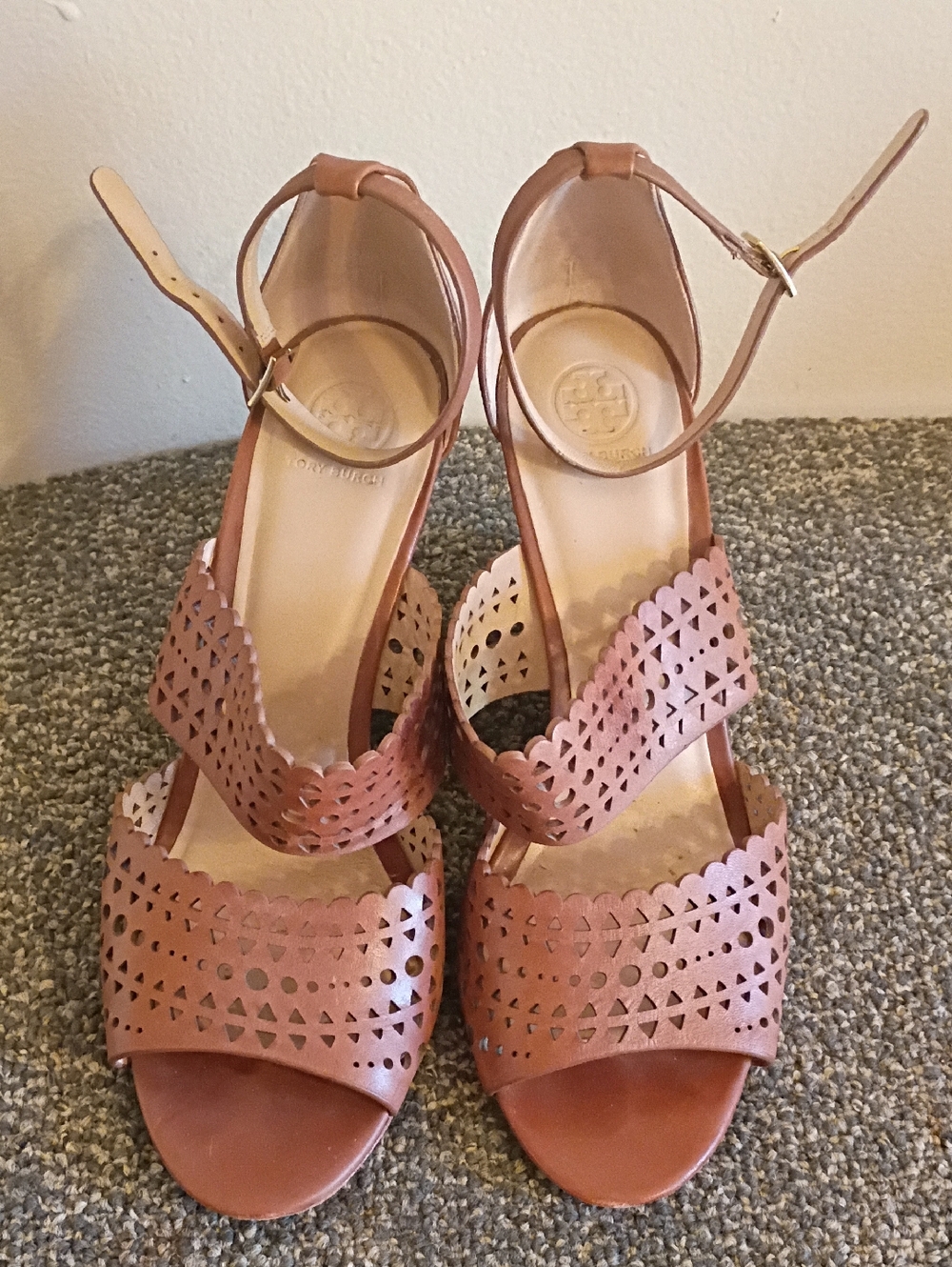 Tory Burch Brown Laser-Cut Ankle-Strap Heels